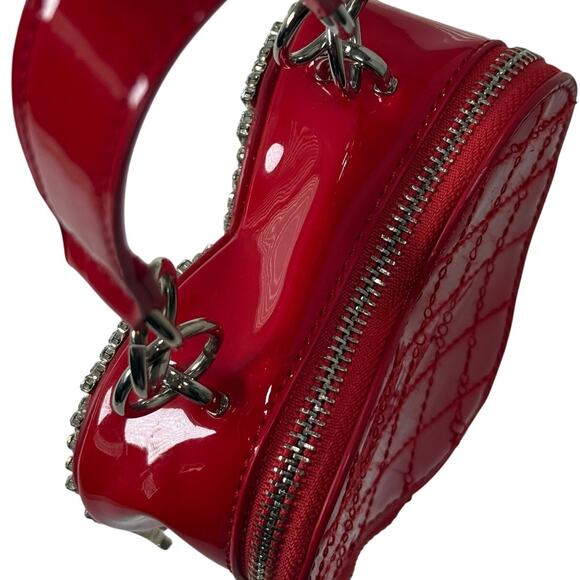 Poster Girl Red Heart Purse Rhinestone Fringe Mini Bag Patent Leather - Picture 6 of 9